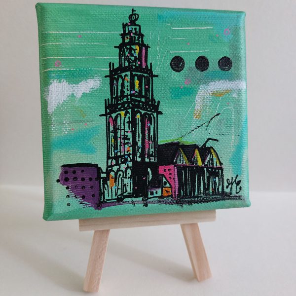 mixed media schilderijtje met de Martinitoren Groningen