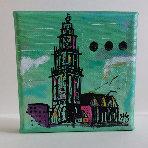 mixed media schilderijtje met de Martinitoren Groningen