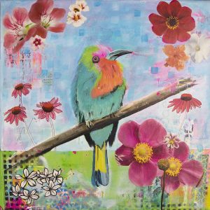 schilderij van een vogel geschilderd mixed media en kleurrijk collega papier