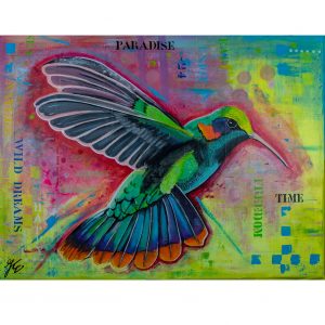 schilderij van een kolibrie kleurrijk mixed media Janet Edens
