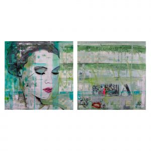 schilderij in de kleuren groen mixed media Janet Edens vrouwengezicht