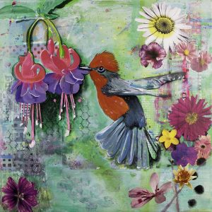 vogel schilderij kleurrijk en vrolijk Janet Edens